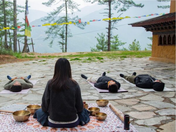 Outdoor sound bath session Yangchen leading an outdoor sound bath session in Bhutan